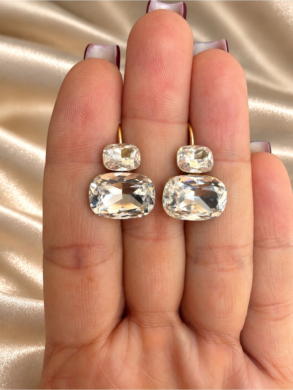 Clear Crystal Double Drop Earrings with Gold Hooks